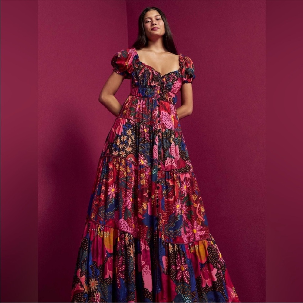 FARM Rio Blue and Red Puff Sleeve Gown